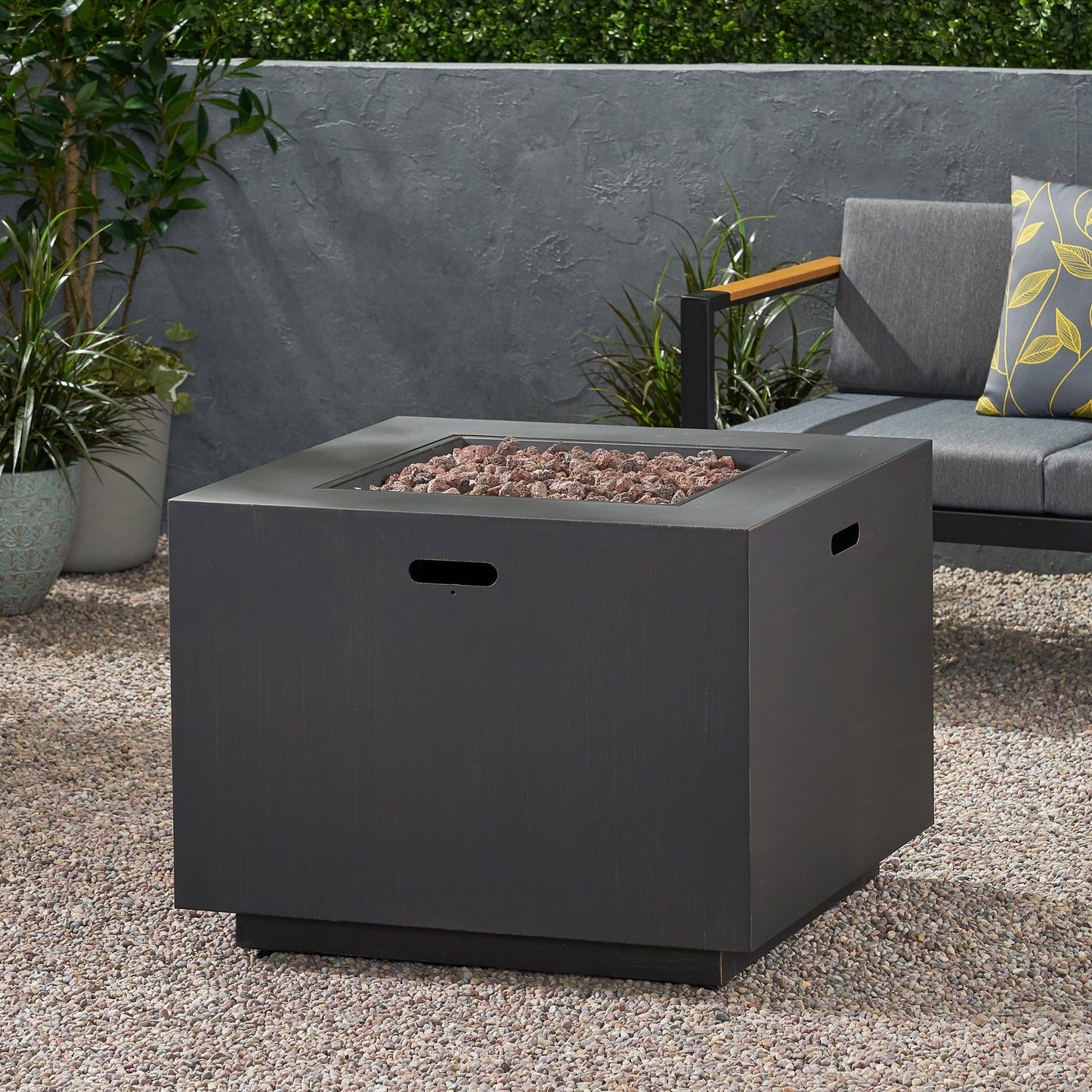 33" Outdoor Iron Square Propane Fire Pit in Brushed Brown